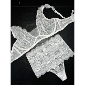 Victoria's Secret unlined 36DDD BRA SET M high-waist thong WHITE lace